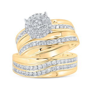 Wedding Collection | 10kt Yellow Gold His Hers Round Diamond Cluster Matching Wedding Set 1 Cttw | Splendid Jewellery GND