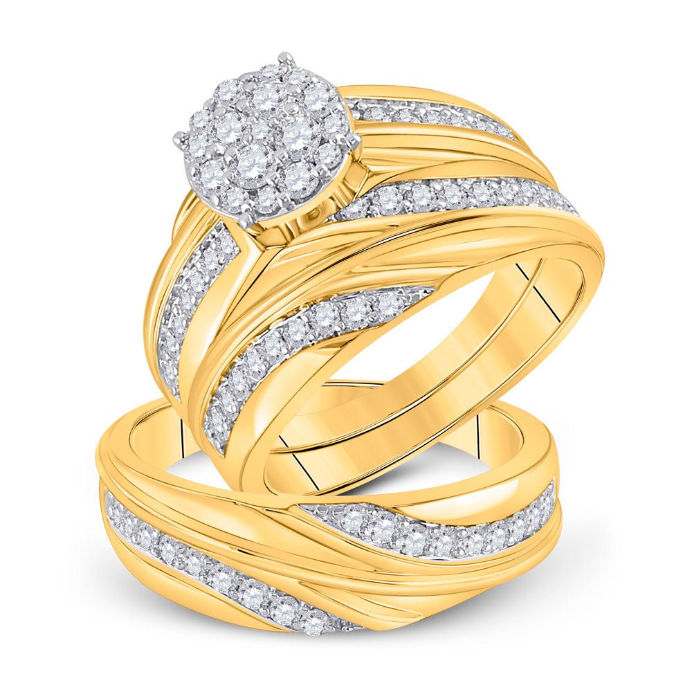 Wedding Collection | 10kt Yellow Gold His Hers Round Diamond Cluster Matching Wedding Set 1 Cttw | Splendid Jewellery GND