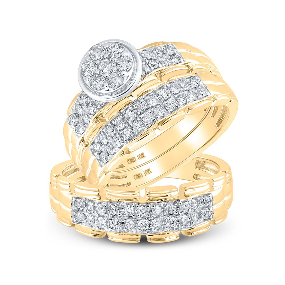 Wedding Collection | 10kt Yellow Gold His Hers Round Diamond Cluster Matching Wedding Set 1 Cttw | Splendid Jewellery GND