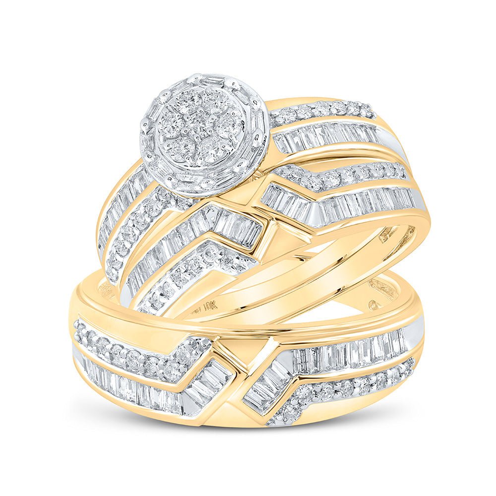 Wedding Collection | 10kt Yellow Gold His Hers Round Diamond Cluster Matching Wedding Set 1 Cttw | Splendid Jewellery GND