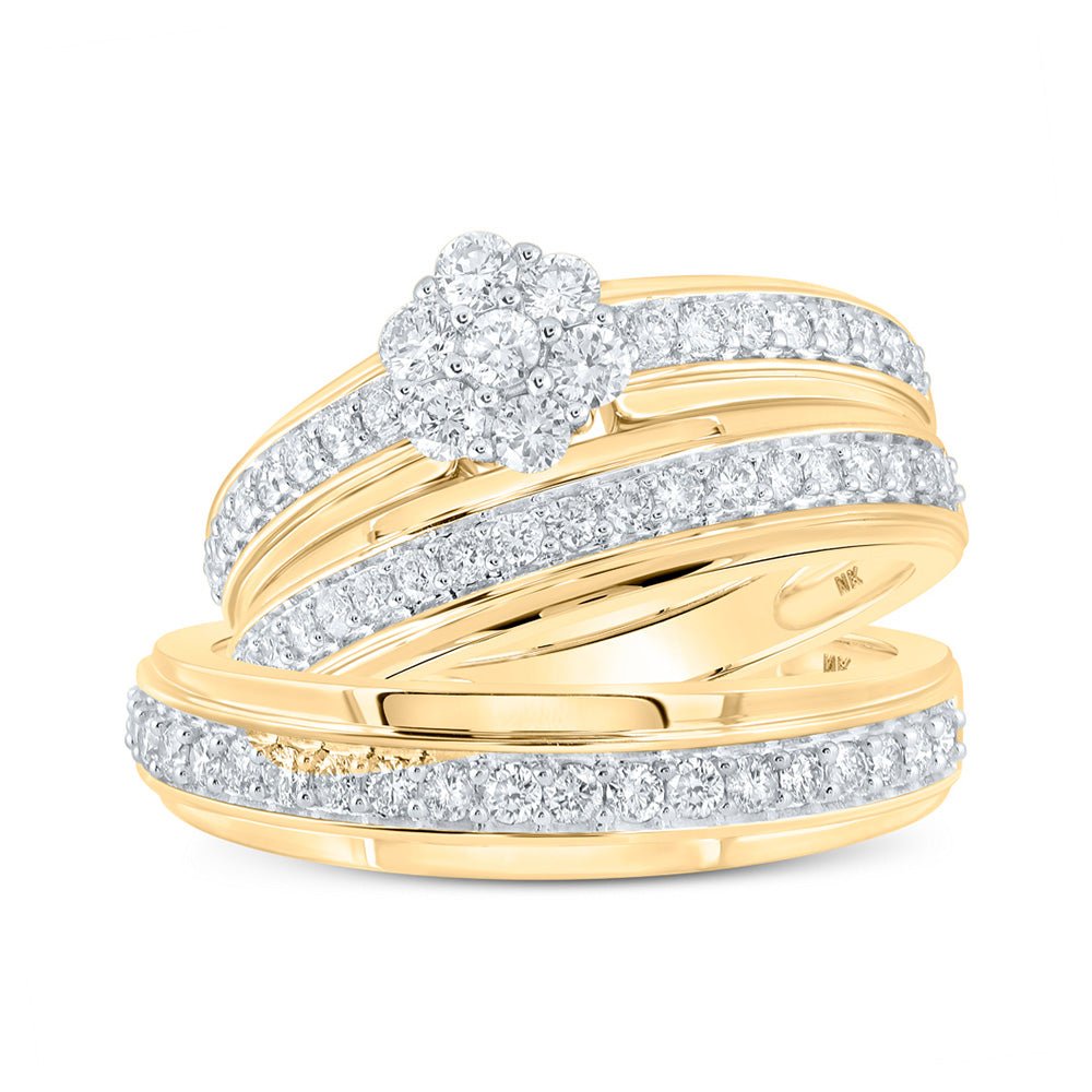 Wedding Collection | 10kt Yellow Gold His Hers Round Diamond Cluster Matching Wedding Set 1 Cttw | Splendid Jewellery GND