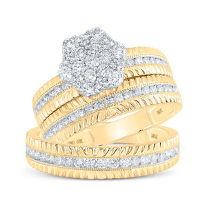 Wedding Collection | 10kt Yellow Gold His Hers Round Diamond Cluster Matching Wedding Set 1 Cttw | Splendid Jewellery GND