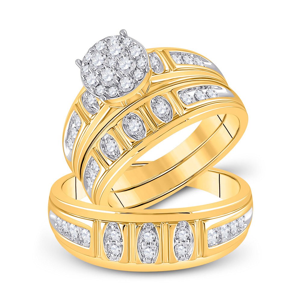 Wedding Collection | 10kt Yellow Gold His Hers Round Diamond Cluster Matching Wedding Set 1 Cttw | Splendid Jewellery GND