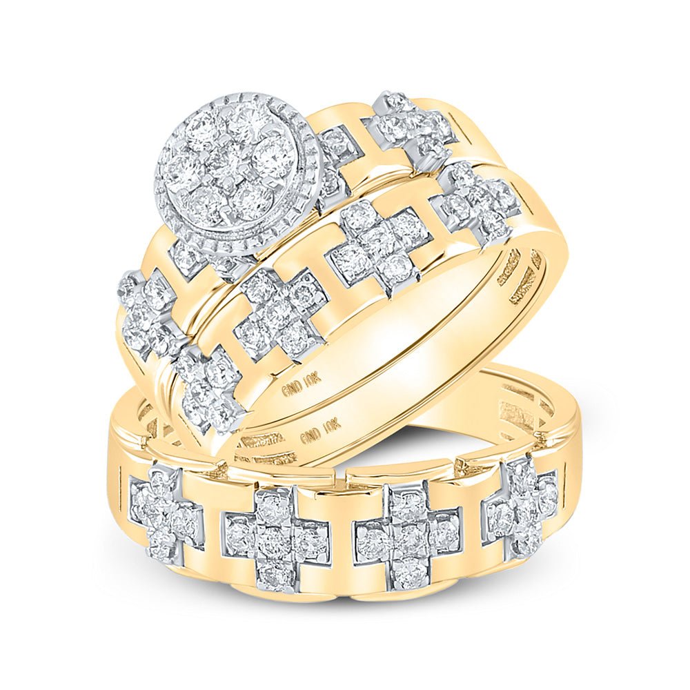 Wedding Collection | 10kt Yellow Gold His Hers Round Diamond Cluster Matching Wedding Set 1 Cttw | Splendid Jewellery GND