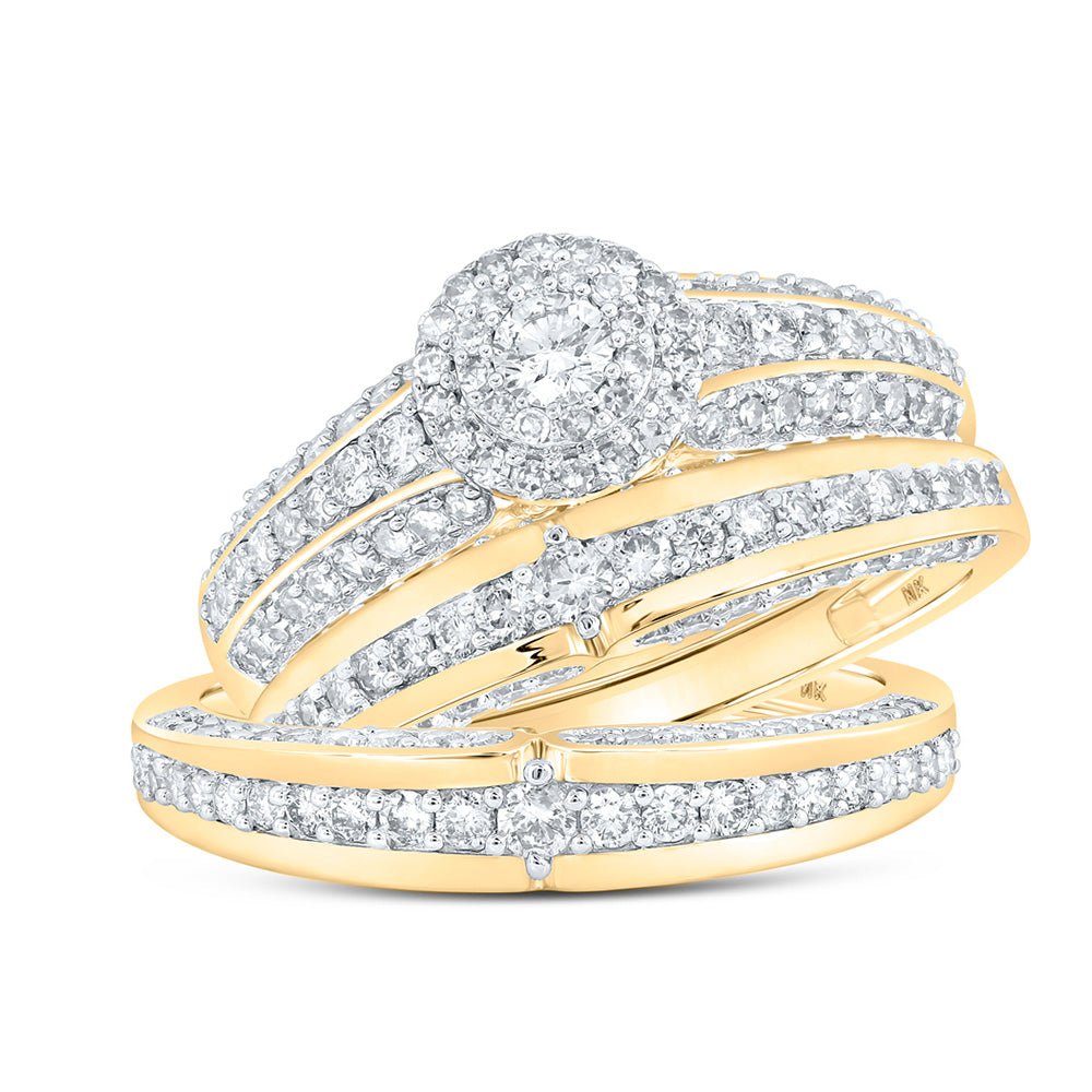 Wedding Collection | 10kt Yellow Gold His Hers Round Diamond Halo Matching Wedding Set 1-3/4 Cttw | Splendid Jewellery GND