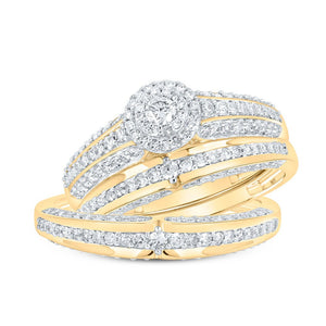 Wedding Collection | 10kt Yellow Gold His Hers Round Diamond Halo Matching Wedding Set 1 Cttw | Splendid Jewellery GND