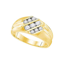 Load image into Gallery viewer, Eternal Brilliance: 10kt Yellow Gold Mens Triple Row Diamond Wedding Band Ring product  Top View from Splendid Jewellery