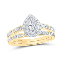 Load image into Gallery viewer, Radiant Love: 10kt Yellow Gold Pear Diamond Bridal Wedding Ring Band Set product  Top View from Splendid Jewellery