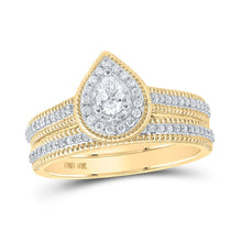 Load image into Gallery viewer, Captivating Love Story | 10kt Yellow Gold Pear Diamond Halo Bridal Wedding Ring Band Set 1/2 Cttw product  Top View from Splendid Jewellery