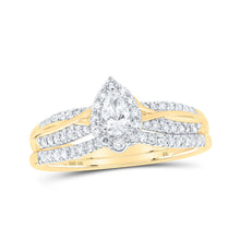Load image into Gallery viewer, Radiant Love: 10kt Yellow Gold Pear Diamond Halo Bridal Wedding Ring Band Set 1/2 Cttw product  Top View from Splendid Jewellery