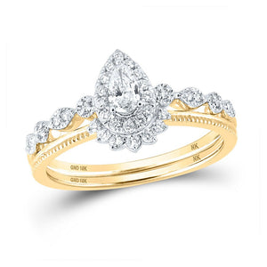 Wedding Collection | 10kt Yellow Gold Pear Diamond Halo Bridal Wedding Ring Band Set 3/8 Cttw | Splendid Jewellery GND