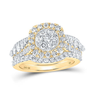 Wedding Collection | 10kt Yellow Gold Round Diamond Cluster Bridal Wedding Ring Band Set 1-1/2 Cttw | Splendid Jewellery GND