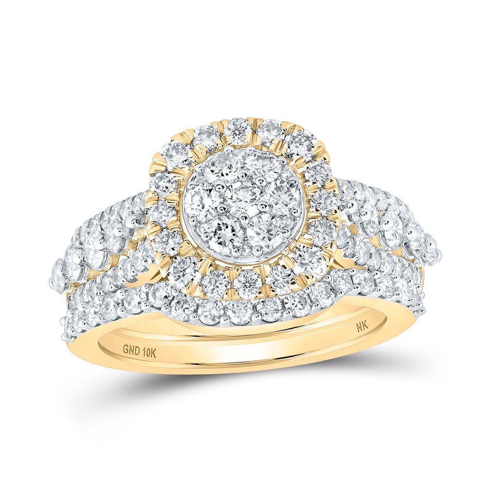 Wedding Collection | 10kt Yellow Gold Round Diamond Cluster Bridal Wedding Ring Band Set 1-1/2 Cttw | Splendid Jewellery GND