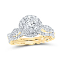 Load image into Gallery viewer, Captivating Brilliance: 10kt Yellow Gold Round Diamond Cluster Bridal Wedding Ring Band Set product  Top View from Splendid Jewellery