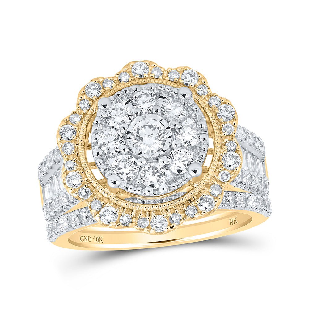 Wedding Collection | 10kt Yellow Gold Round Diamond Cluster Bridal Wedding Ring Band Set 2 Cttw | Splendid Jewellery GND