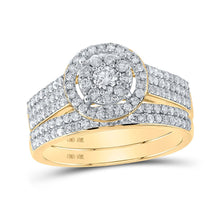 Load image into Gallery viewer, Captivating Love's Embrace 10kt Yellow Gold Diamond Cluster Wedding Ring Band Set product  Top View from Splendid Jewellery