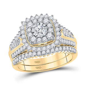 Wedding Collection | 10kt Yellow Gold Round Diamond Halo Bridal Wedding Ring Band Set 1-1/4 Cttw | Splendid Jewellery GND