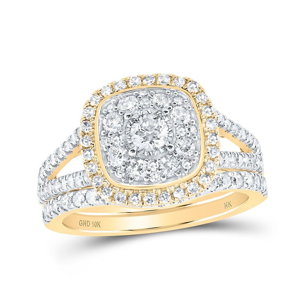 Wedding Collection | 10kt Yellow Gold Round Diamond Halo Bridal Wedding Ring Band Set 1-1/5 Cttw | Splendid Jewellery GND