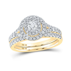 Wedding Collection | 10kt Yellow Gold Round Diamond Halo Bridal Wedding Ring Band Set 1 Cttw | Splendid Jewellery GND