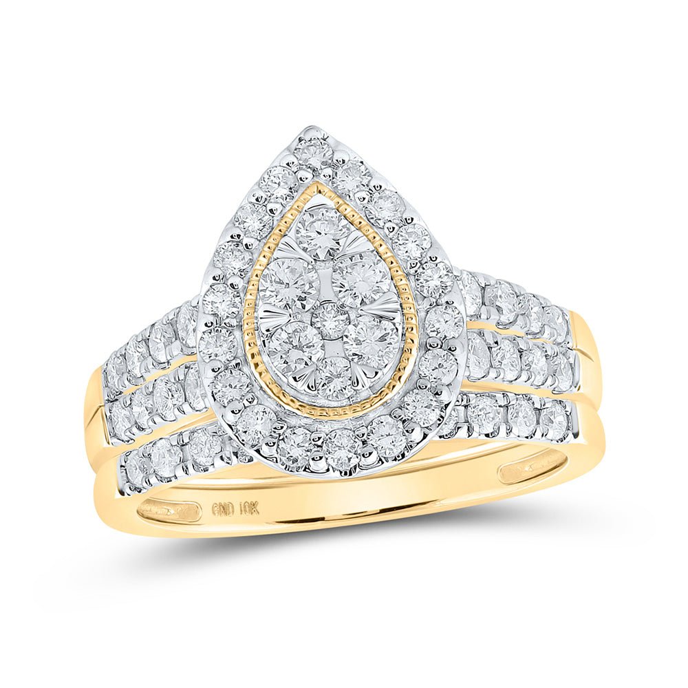 Wedding Collection | 10kt Yellow Gold Round Diamond Teardrop Bridal Wedding Ring Band Set 1 Cttw | Splendid Jewellery GND