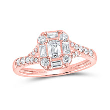 Load image into Gallery viewer, Radiant Rose Gold Emerald Diamond Halo Bridal Wedding Ring - Top View