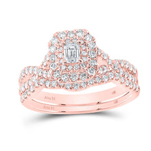 Load image into Gallery viewer, Exquisite Rose Gold Emerald Diamond Halo Bridal Wedding Ring Band Set - Top View