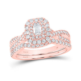 Radiant Rose Gold Emerald Diamond Halo Bridal Wedding Ring Set - Top View