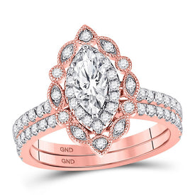 14kt Rose Gold Marquise Diamond Eternal Love Bridal Wedding Ring Band Set - Top View