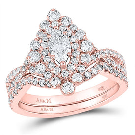 Radiant Rose Gold Marquise Diamond Halo Bridal Wedding Ring Band Set - Top View