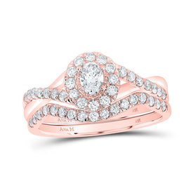 Rose Gold Radiance: 14kt Oval Diamond Halo Bridal Wedding Ring Set 3/4 Cttw - Top View