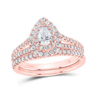 Romantic Rose Gold Pear Diamond Halo Bridal Wedding Ring Band Set - Top View
