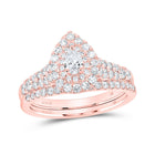 Rose Radiance: 14kt Rose Gold Pear Diamond Halo Bridal Wedding Ring Band Set - Top View