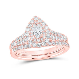 Rose Radiance: 14kt Rose Gold Pear Diamond Halo Bridal Wedding Ring Band Set - Top View
