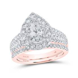 14kt Rose Gold Pear Diamond Halo Bridal Wedding Ring Band Set with Blue Sapphire Accent - Splendid Elegance - Top View