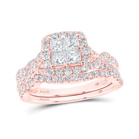 Enchanting Rose Gold Princess Diamond Bridal Wedding Ring Band Set - Top View