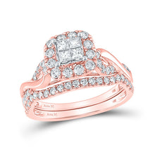 Load image into Gallery viewer, Enchanting Rose Gold Princess Diamond Halo Wedding Ring Set - Top View