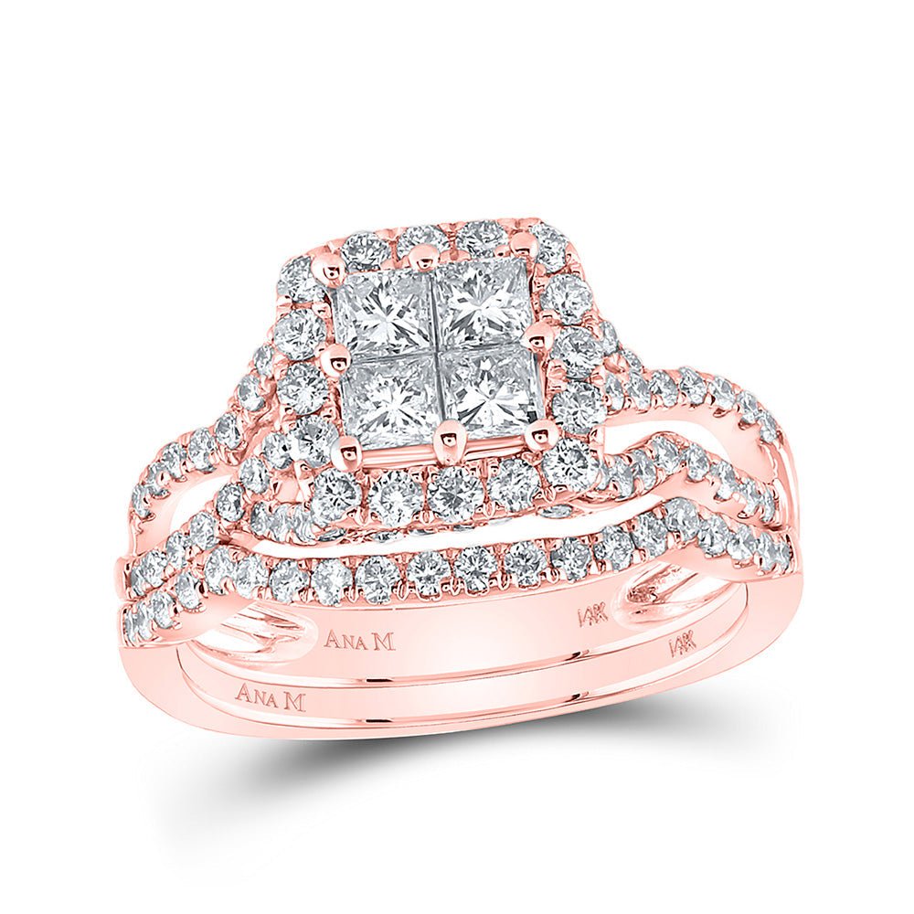 Wedding Collection | 14kt Rose Gold Princess Diamond Square Bridal Wedding Ring Band Set 1-1/2 Cttw | Splendid Jewellery GND