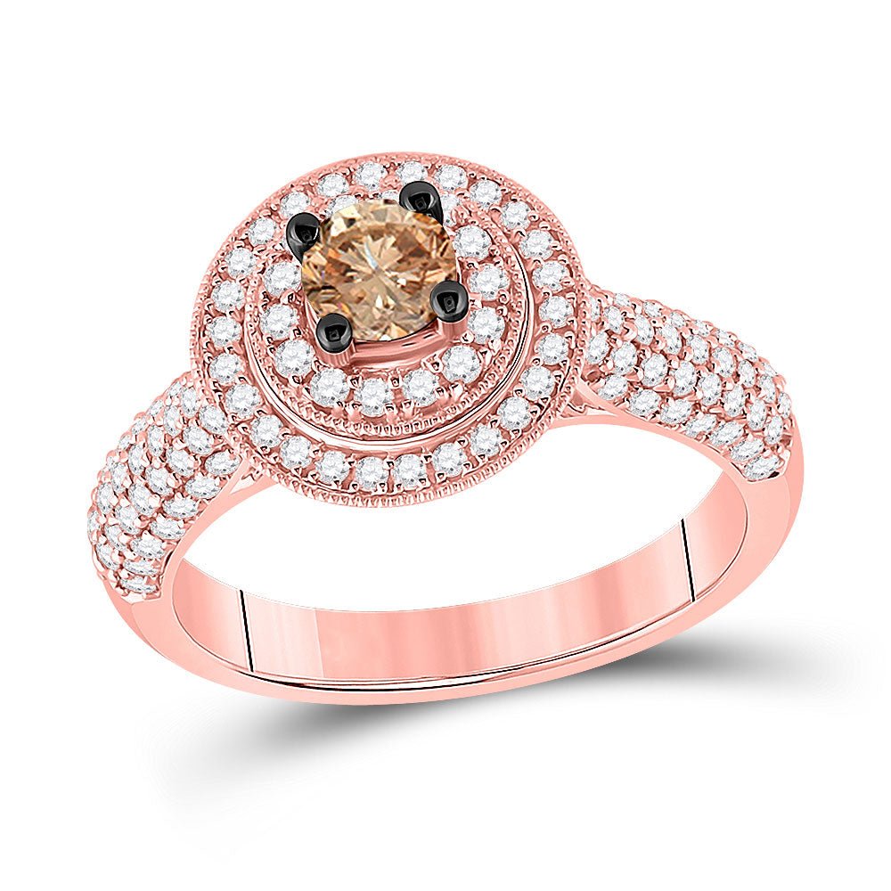 Wedding Collection | 14kt Rose Gold Round Brown Diamond Halo Bridal Wedding Engagement Ring 1 Cttw | Splendid Jewellery GND