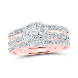 Radiant Love: 14kt Rose Gold Round Diamond Bridal Wedding Ring Band Set 1-1/4 Cttw - Top View