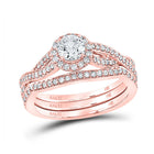 14kt Rose Gold Diamond Halo Wedding Ring Band Set - Timeless Elegance and Unmatched Sparkle - Top View