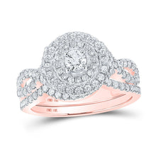 Load image into Gallery viewer, Enchanting Rose Gold Double Halo Diamond Wedding Ring Set - Top View