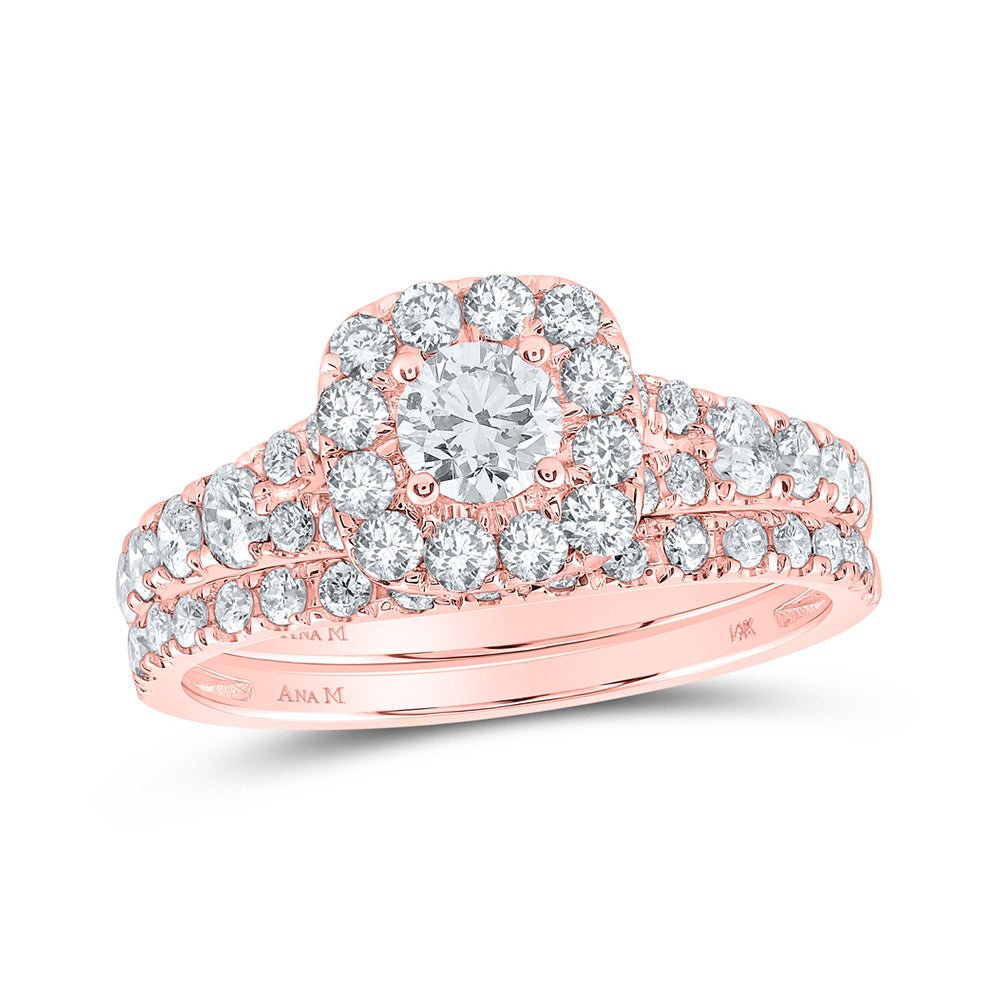 Wedding Collection | 14kt Rose Gold Round Diamond Halo Bridal Wedding Ring Band Set 1-1/2 Cttw | Splendid Jewellery GND