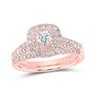 Radiant Rose: 14kt Rose Gold Diamond Halo Bridal Wedding Ring Band Set - Top View