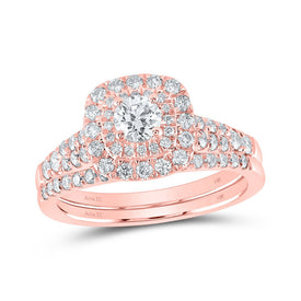 Radiant Rose: 14kt Rose Gold Diamond Halo Bridal Wedding Ring Band Set - Top View