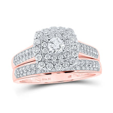 Load image into Gallery viewer, Radiant Rose Gold Diamond Halo Wedding Ring Band Set - Top View