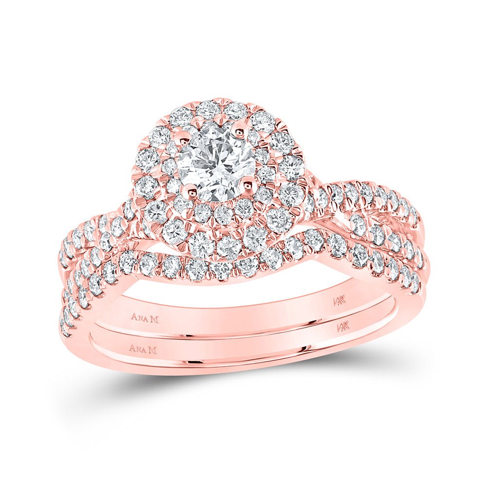 Wedding Collection | 14kt Rose Gold Round Diamond Halo Bridal Wedding Ring Band Set 1 Cttw | Splendid Jewellery GND