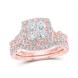 14kt Rose Gold Diamond Square Bridal Wedding Ring Band Set - Top View