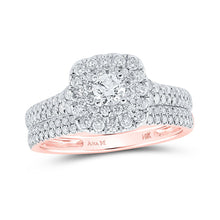 Load image into Gallery viewer, Rose Gold Radiance: 14kt Round Diamond Square Halo Bridal Wedding Ring Band Set - Top View