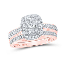Load image into Gallery viewer, 14kt Rose Gold Sparkling Diamond Square Halo Wedding Ring Set - Top View