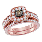 Radiant Elegance: 14kt Rose Gold Womens Brown Diamond Bridal Wedding Ring Band Set - Top View